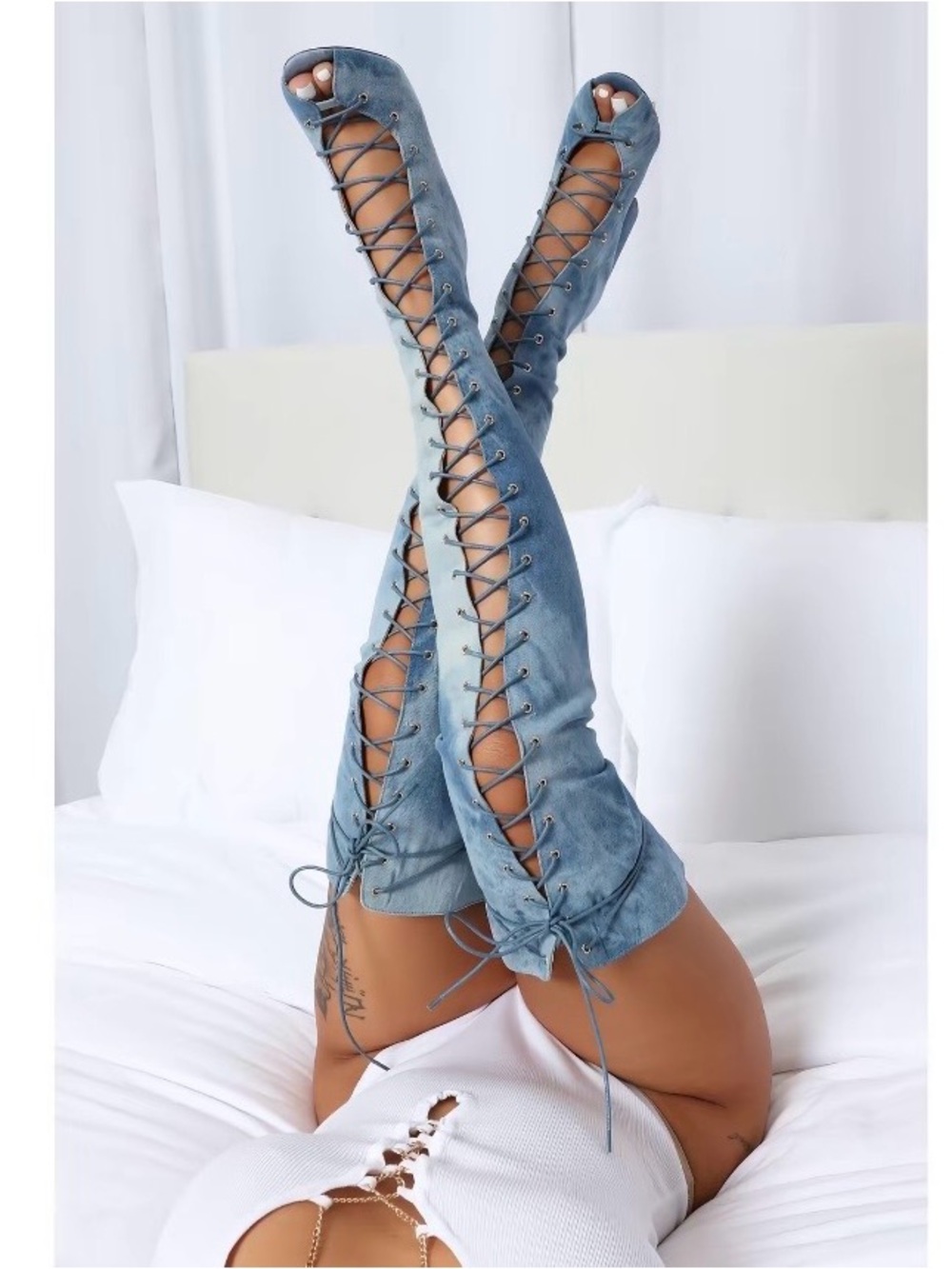 Fashion Nova Denim-Style Light Blue Lace-Up Over-the-Knee Heel Boots - Picture 2 of 8